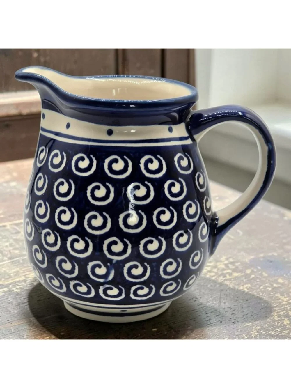 Handmade Boleslawiec Polish Pottery Creamer Pitcher Blue White Swirl 48oz